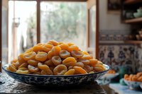 Fresh ripe kumquats piled high in traditional blue and white porcelain bowl on rustic wooden table, natural window lighting creates warm ambiance.