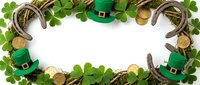 St. Patrick's Day border frame with horseshoes, green leprechaun hats, gold coins, and clover leaves arranged on white background for holiday greeting cards and festive designs.