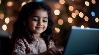 Young girl with curly hair using laptop computer with warm bokeh lights in background creating cozy evening atmosphere for technology and education concepts.