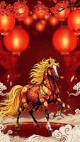 Red Chinese New Year horse with golden mane and traditional lanterns on festive background with cherry blossoms and decorative clouds for celebration design.