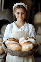 Young female baker in white apron and headband holding wicker basket with freshly baked artisanal sourdough bread loaves in rustic bakery setting.