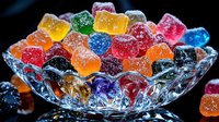 Colorful sugar coated gummy candy cubes in crystal glass bowl on black background with reflection, bright assorted jelly sweets macro photography.