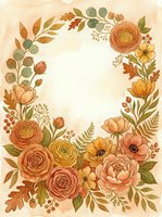 Autumn floral wreath with orange roses, peonies and leaves on vintage paper background for wedding invitations, greeting cards and seasonal designs.