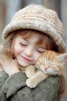 Young girl in knit beanie smiling while cuddling with ginger cat, both with eyes closed in peaceful moment. Tender portrait showing pure joy and connection.