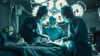 Surgical team performing operation in modern hospital operating room with dramatic lighting. Medical professionals focused on complex procedure under surgical lamps.