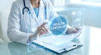 Female doctor using digital health checkup interface with medical data analytics on tablet for patient care and preventive medicine consultation.