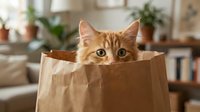 Orange tabby cat peeking out from brown paper bag in cozy home interior with potted plants and furniture in background.