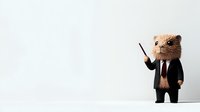 Cute business otter figurine wearing black suit and tie holding pointer stick on white background, isolated character for creative design and presentations.