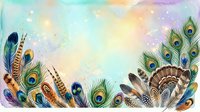 Watercolor peacock feathers frame with colorful plumes and decorative elements on pastel background for bohemian design projects and artistic compositions.
