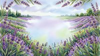 Watercolor lavender field landscape with purple flowers and green foliage creating peaceful countryside scene for relaxation and aromatherapy designs.
