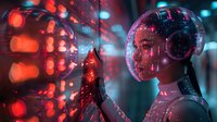 Young African American woman with futuristic headset and glowing interface in neon-lit environment, touching holographic display with red and blue bokeh lights.