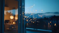 Glowing fairy lights create magical constellation patterns against window glass at dusk, with blurred cityscape and warm interior lights in background.