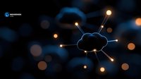 Cloud computing concept with glowing network connections on dark background, symbolizing data storage and digital infrastructure.