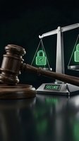 Cybersecurity law concept with wooden gavel and digital scales weighing green padlock icons representing data protection and legal security compliance.
