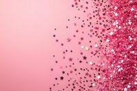 Scattered pink metallic star confetti on pink background creating festive corner border pattern, suitable for celebration and party designs.