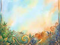 Watercolor background with golden ornamental floral border in teal, green and orange tones, copy space for text or design projects.