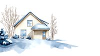 Cozy winter house with snow-covered landscape and bare trees in watercolor style. Peaceful residential home scene for seasonal greeting cards and decor.