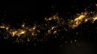 Glowing golden particles and light trails creating magical cosmic effect against dark background, abstract space design for festive decorations and celebrations.