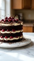 Decadent chocolate layer cake topped with fresh cherries and cream frosting on marble counter in warm kitchen setting for bakery and dessert concepts.