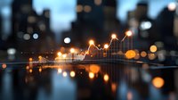 Growing financial graph chart with glowing dots and lines against blurred urban cityscape background with bokeh lights and reflections at night.