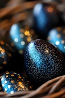 Shimmering blue Easter eggs with golden sparkles and speckled texture nestled in natural nest, creating magical holiday atmosphere with bokeh light effects.