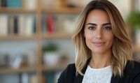 Young Caucasian businesswoman with blonde ombre hair wearing black cardigan and white top smiling confidently in modern office setting with bookshelf background.