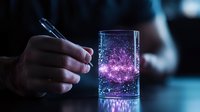 Glowing neon drink in glass with sparkles and bubbles creates magical atmosphere while hand holds pen in dark moody setting. Artistic beverage photography.