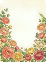 Watercolor ranunculus floral border frame with pink, yellow, and cream blooms on a light background, perfect for wedding invitations and greeting cards.