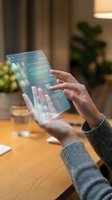 Woman holding transparent digital tablet with holographic interface displaying data and code, working in modern office environment with warm lighting and plants.