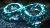 Glowing infinity symbol with digital circuit pattern in turquoise blue emits light on dark reflective surface, representing endless technological possibilities.