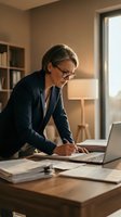 Professional businesswoman with glasses working on laptop at wooden desk in modern office with warm natural lighting and bookshelf background.
