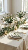Elegant dining table setting with eucalyptus garland, gold candles, crystal glasses and white plates for wedding reception or special occasion celebration.