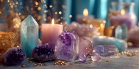Mystical crystal altar with amethyst, quartz points, and glowing candles creating serene atmosphere for meditation, healing rituals, or spiritual practices.