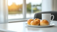 Fresh baked dinner rolls served on white plate with coffee cup near bright window, morning breakfast scene with natural sunlight and soft focus.