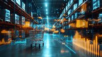 Digital retail analytics visualization with shopping cart in futuristic warehouse corridor, glowing financial charts and data streams overlay for business intelligence.
