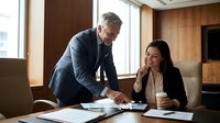 A mature male professional with gray hair and glasses in a dark blazer leans over a desk reviewing documents with a young female colleague with long dark hair wearing a cream and black blazer in a modern office with wood paneling.