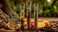 Aromatic dried herbs, flowers, and citrus slices with glass test tubes in natural setting, perfect for herbal medicine, aromatherapy, or botanical science concepts.