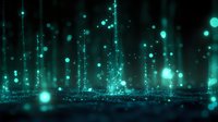 Glowing turquoise particles and light streaks rising against dark background create magical atmosphere. Abstract digital bokeh effect for technology and science designs.