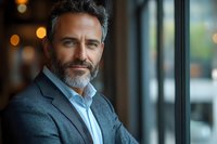Confident mature businessman with salt and pepper beard wearing grey suit jacket and blue shirt, standing by window with soft bokeh background lighting.