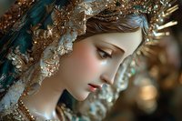 Young woman in ornate lace veil with delicate gold embellishments and pearls, profile view showing soft makeup and serene expression against blurred background.