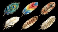 Feathers isolated on transparent background, ready for t-shirt design, clipart, stickers, sublimation and print-on-demand projects. Six decorative feather designs in various styles and colors.