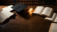 Graduation cap with tassel on wooden desk surrounded by open books in library setting with warm lighting for academic achievement concepts.