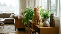 Ginger tabby cat sitting on wooden console table surrounded by lush green ferns and ceramic vases near bright windows in modern home interior.