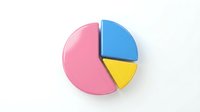 Colorful glossy pie chart with pink, blue, and yellow segments on white background, perfect for business data visualization and financial presentations.