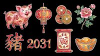Chinese New Year 2031 Year of the Pig clipart set with lantern, coins, peony, scroll, and gold ingot, isolated on transparent background for stickers, sublimation, t-shirt design.