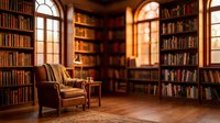 Cozy library interior with leather armchair, wooden bookshelves, warm lighting and arched windows creating peaceful reading atmosphere for study and relaxation.