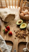 Fresh organic ingredients on rustic wooden cutting board with quinoa, avocado, strawberries, nuts and eggs for healthy cooking and meal preparation.
