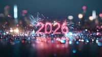 Glowing pink neon 2026 numbers with sparkling fireworks against blurred city lights and reflective surface, festive new year celebration atmosphere.