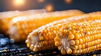 Fresh corn on the cob with water droplets on dark surface with warm bokeh lights background for cooking and harvest concepts.