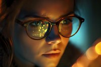 Young woman wearing glasses in dramatic lighting with bokeh reflections on lens, close up portrait against dark background with orange and blue tones.